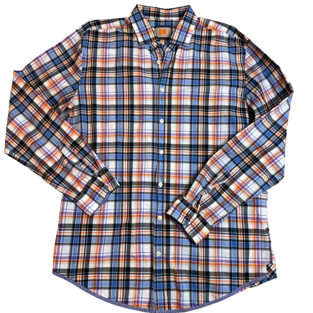 Hugo Boss Orange Mens XXL Plaid Button Down Shirt Blue Orange Long Sleeve Cotton